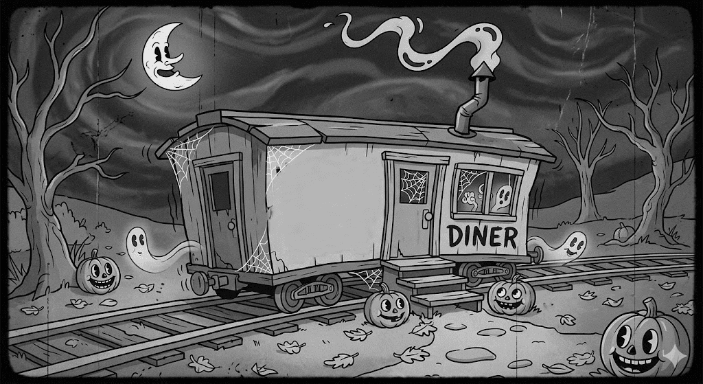 Dead Leaf Meatloaf diner railcar at night